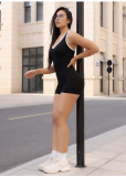 Color blocking sports yoga jumpsuit, deep V-back, waist cinching, hip lifting jumpsuit shorts