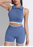 Polo stand up collar contrasting zipper sports vest shorts yoga suit set