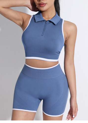 Polo stand up collar contrasting zipper sports vest shorts yoga suit set