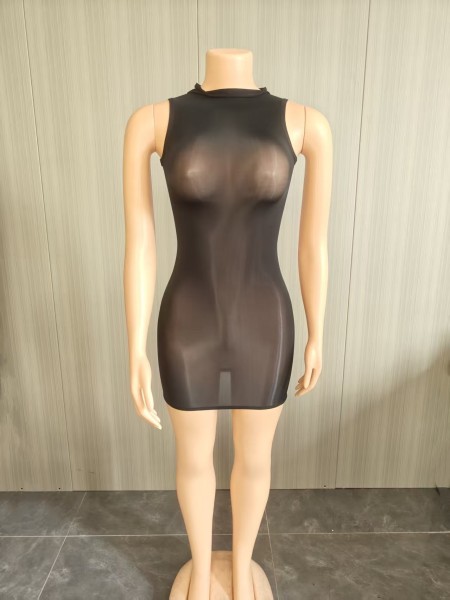 Super elastic glossy body sock skirt, see through sleeveless short skirt