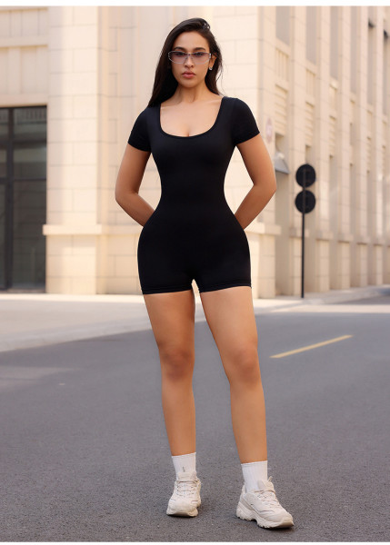 U-neck beautiful back one-piece yoga short sleeved jumpsuit shorts