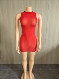 Super elastic glossy body sock skirt, see through sleeveless short skirt