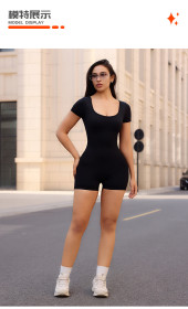 U-neck beautiful back one-piece yoga short sleeved jumpsuit shorts