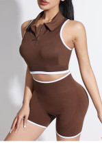 Polo stand up collar contrasting zipper sports vest shorts yoga suit set