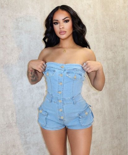 Strapless elastic denim jumpsuit