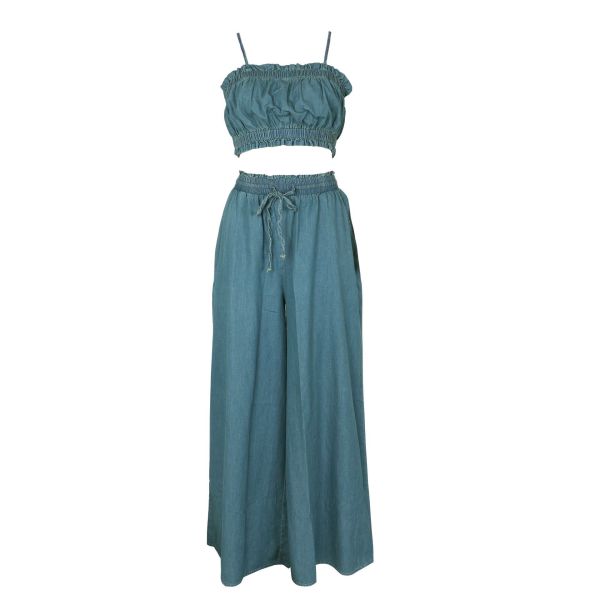 Cowboy set with camisole, strapless, wide leg pants, denim two-piece set