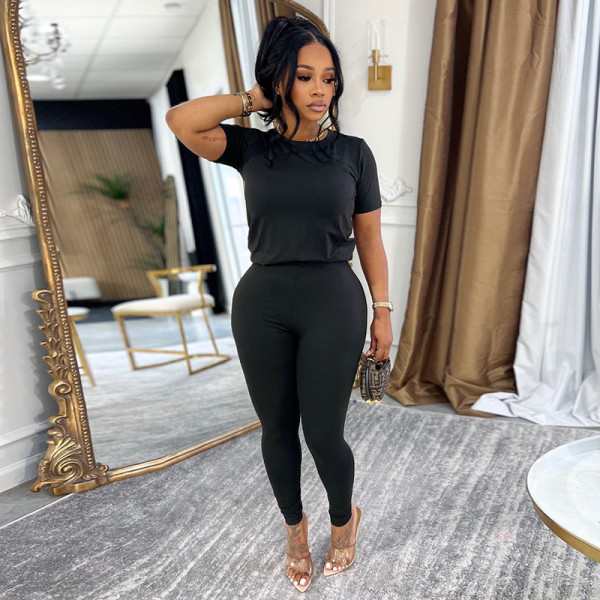 Round neck short sleeved T-shirt top tight pants two-piece set