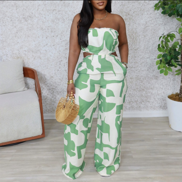 Skincare and drawstring printed wide leg jumpsuit