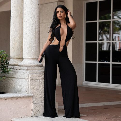 Lace up backless solid color hip hugging jumpsuit