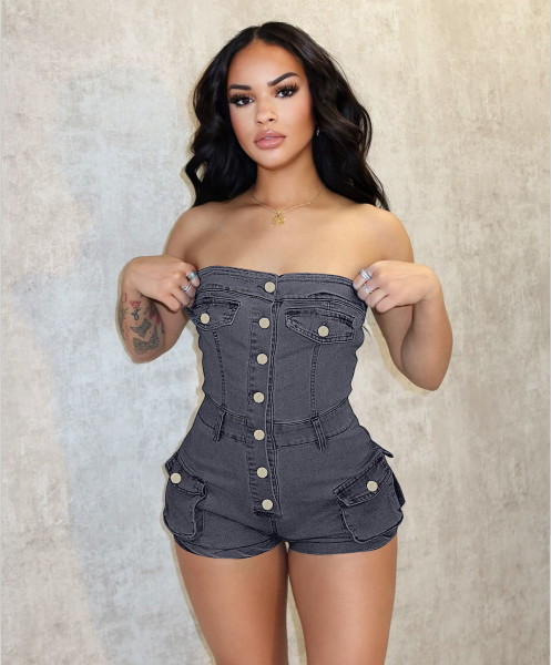 Strapless elastic denim jumpsuit