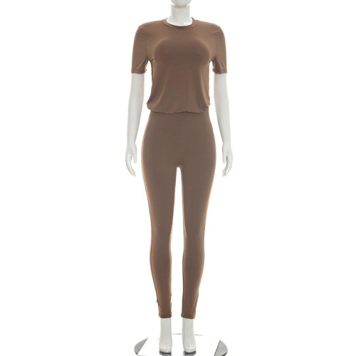 Round neck short sleeved T-shirt top tight pants two-piece set