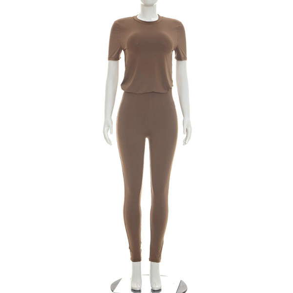 Round neck short sleeved T-shirt top tight pants two-piece set