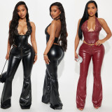PU leather sleeveless lace hanging neck flared leather pants two-piece set