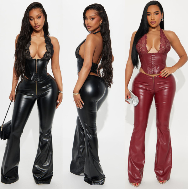 PU leather sleeveless lace hanging neck flared leather pants two-piece set