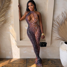 Hip hugging jumpsuit with neck print and chest hugging long jumpsuit