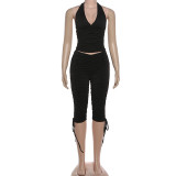 Deep V-neck halter top with pleats and tie up cropped pants two-piece set