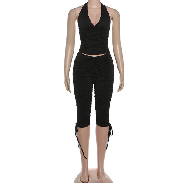 Deep V-neck halter top with pleats and tie up cropped pants two-piece set