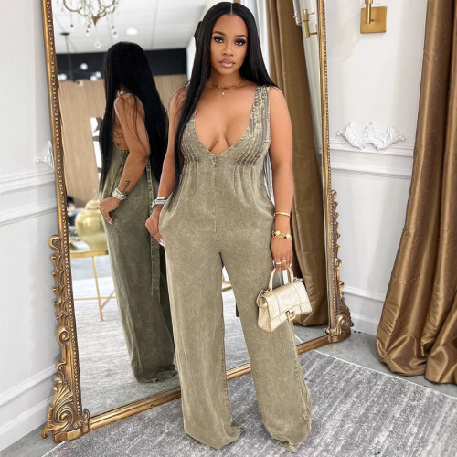 Cowboy jumpsuit, backless, sleeveless, loose fitting jumpsuit