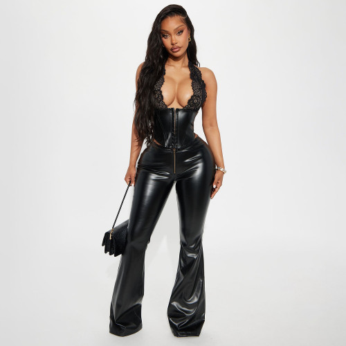 PU leather sleeveless lace hanging neck flared leather pants two-piece set