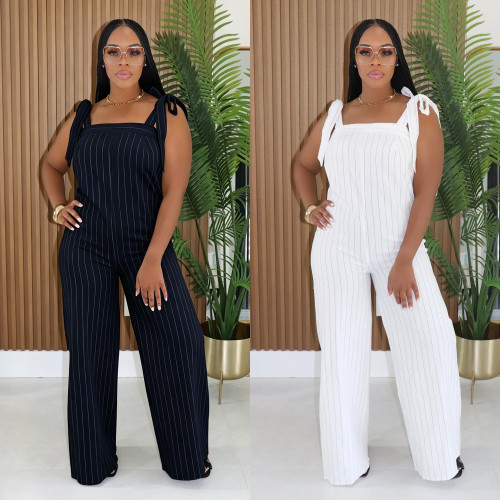 Striped shoulder strap wide leg jumpsuit