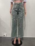 Straight solid color washed water bubble bead bound diamond jeans