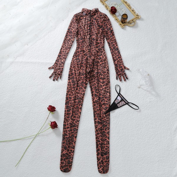 Leopard print round neck long sleeved zipper set