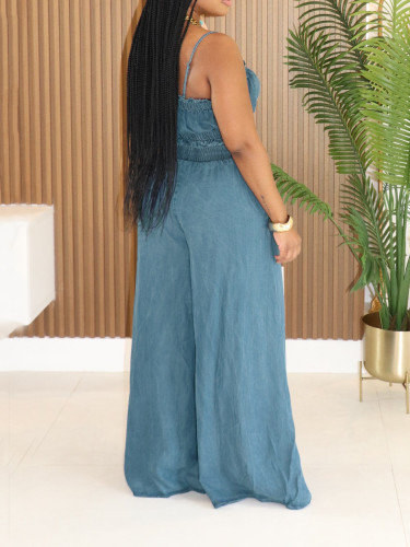 Cowboy set with camisole, strapless, wide leg pants, denim two-piece set