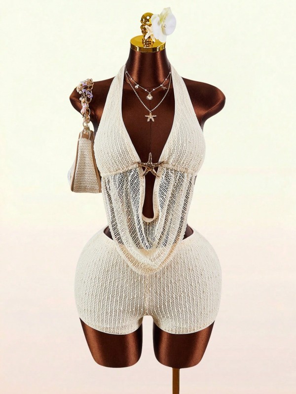 Neck hanging, backless strap, low neck vest, top, shorts set