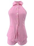 Flip collar buckle hanging neck off shoulder suit vest high waisted shorts two-piece set