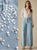 Straight solid color washed water bubble bead bound diamond jeans