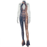Hip hugging jumpsuit with neck print and chest hugging long jumpsuit