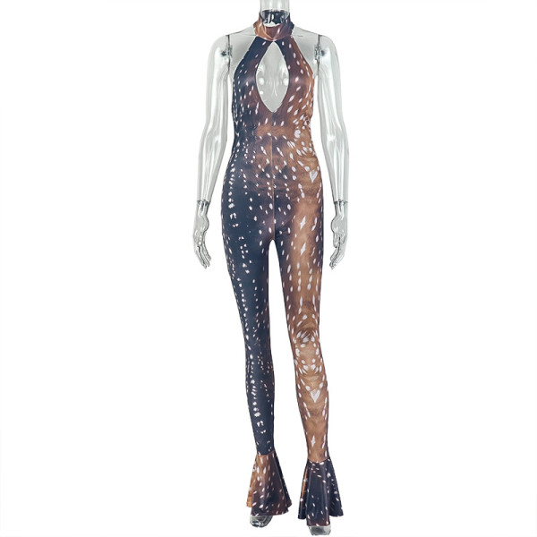 Hip hugging jumpsuit with neck print and chest hugging long jumpsuit