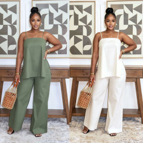 Two piece set of camisole split straight leg pants