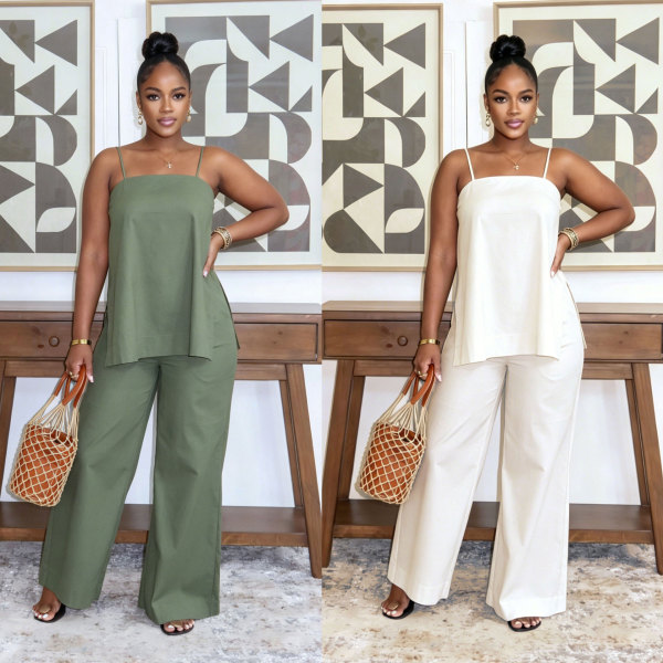 Two piece set of camisole split straight leg pants