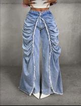 Fake two pleated and fringed jeans