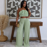 Lotus leaf edge patchwork strapless wide leg pants solid color set
