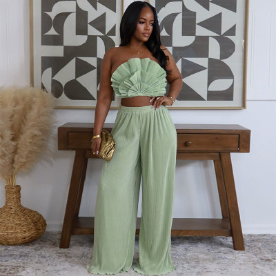 Lotus leaf edge patchwork strapless wide leg pants solid color set