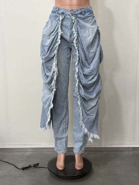 Fake two pleated and fringed jeans