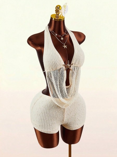 Neck hanging, backless strap, low neck vest, top, shorts set