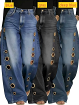 Metal eyelets solid color horsehide loose jeans Metal eyelets solid color horsehide loose jeans