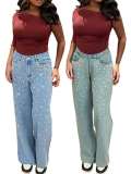 Straight solid color washed water bubble bead bound diamond jeans
