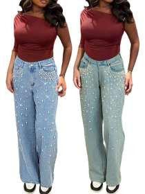 Straight solid color washed water bubble bead bound diamond jeans