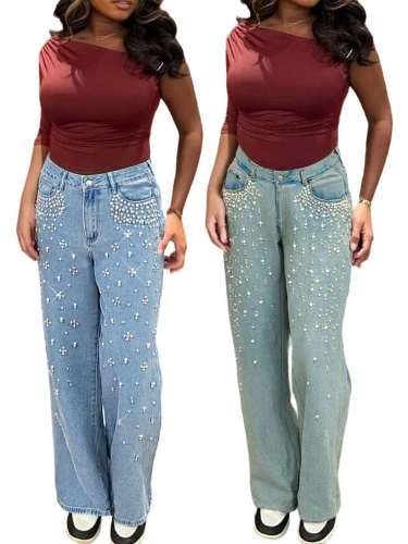 Straight solid color washed water bubble bead bound diamond jeans