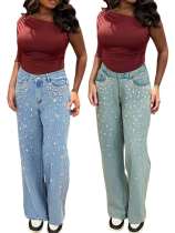 Straight solid color washed water bubble bead bound diamond jeans Straight solid color washed water bubble bead bound diamond jeans