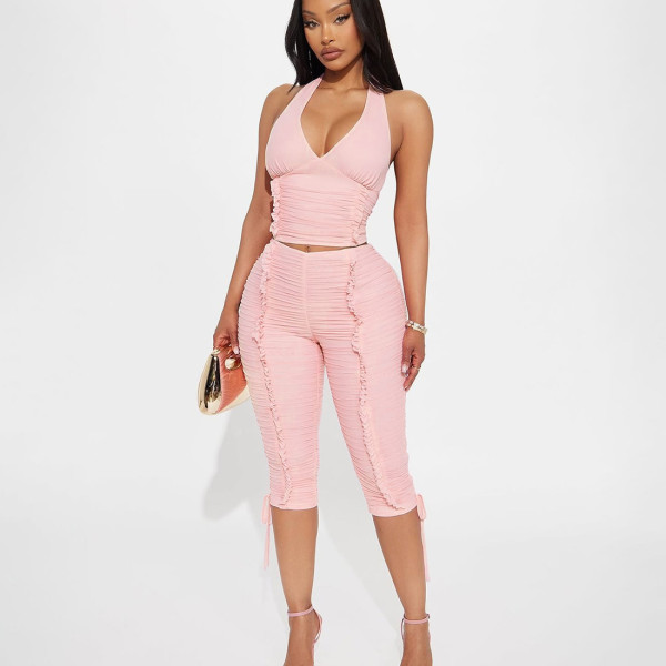 Deep V-neck halter top with pleats and tie up cropped pants two-piece set