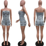 Strapless elastic denim jumpsuit