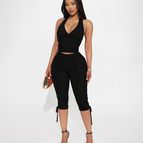 Deep V-neck halter top with pleats and tie up cropped pants two-piece set