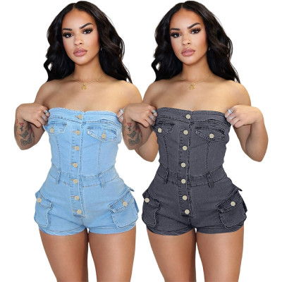 Strapless elastic denim jumpsuit