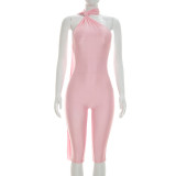 Twisted neck hanging ribbon V-shaped pleated waist revealing circular splicing jumpsuit