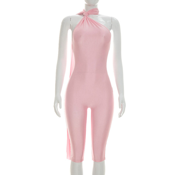 Twisted neck hanging ribbon V-shaped pleated waist revealing circular splicing jumpsuit